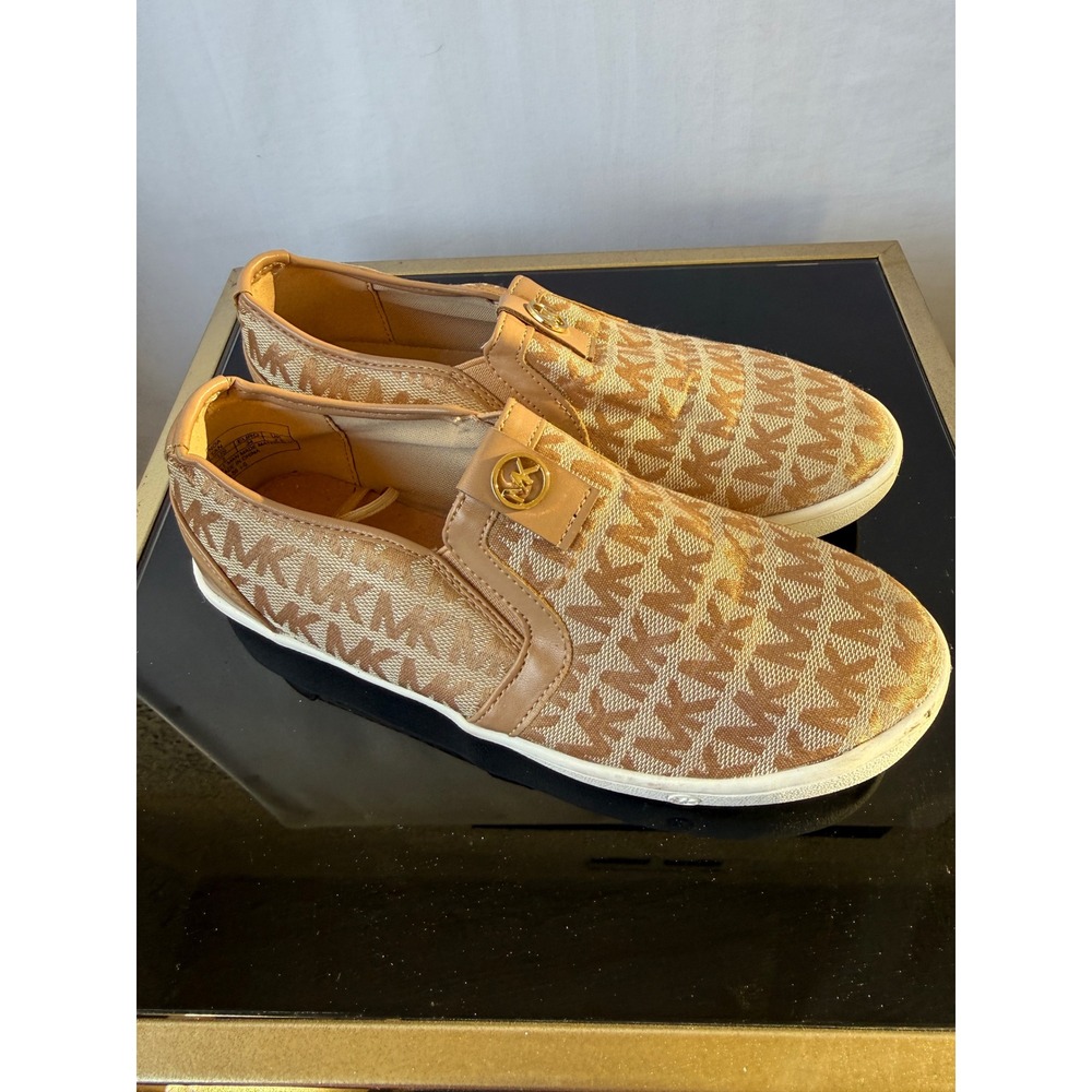 Michael Kors Noa Tan Gold Monogram Logo Slip On Sneakers Shoes Womens Size 3 - Picture 4 of 6